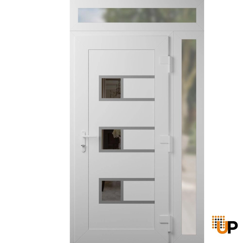Single swing metal-plastic modern exterior door with tempered | Manux 8933 White | 42 x 94 photo#2