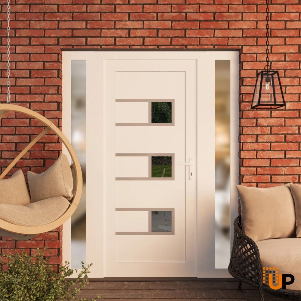Single swing metal-plastic modern exterior door with tempered | Manux 8933 White | 54 x 80 photo#3