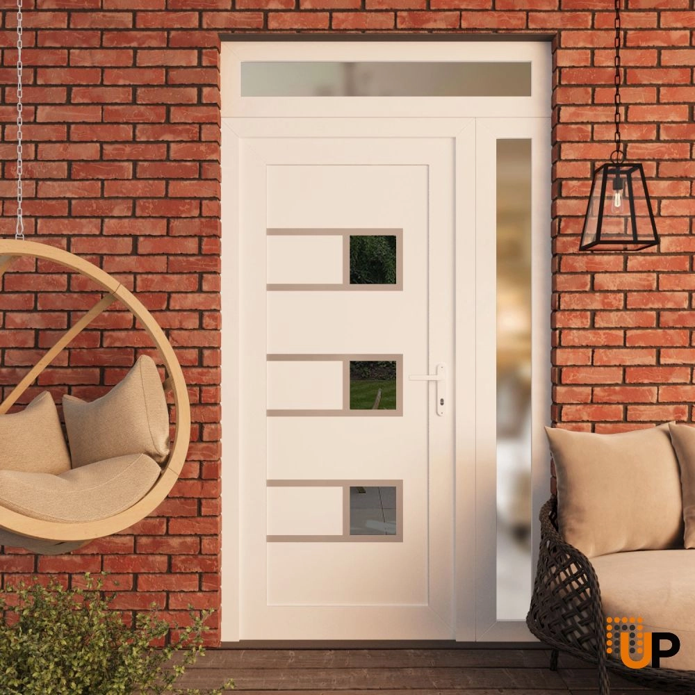 Single swing metal-plastic modern exterior door with tempered | Manux 8933 White | 42 x 94 photo#3