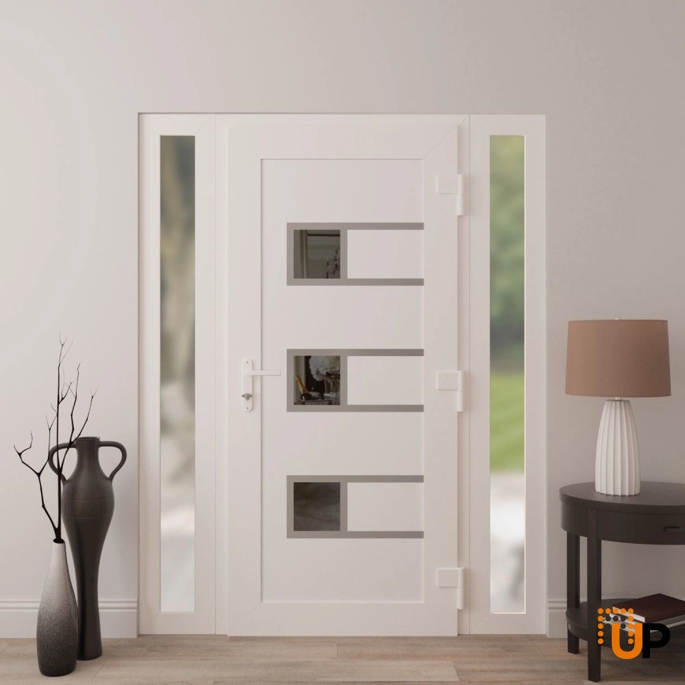 Single swing metal-plastic modern exterior door with tempered | Manux 8933 White | 54 x 80 photo#4