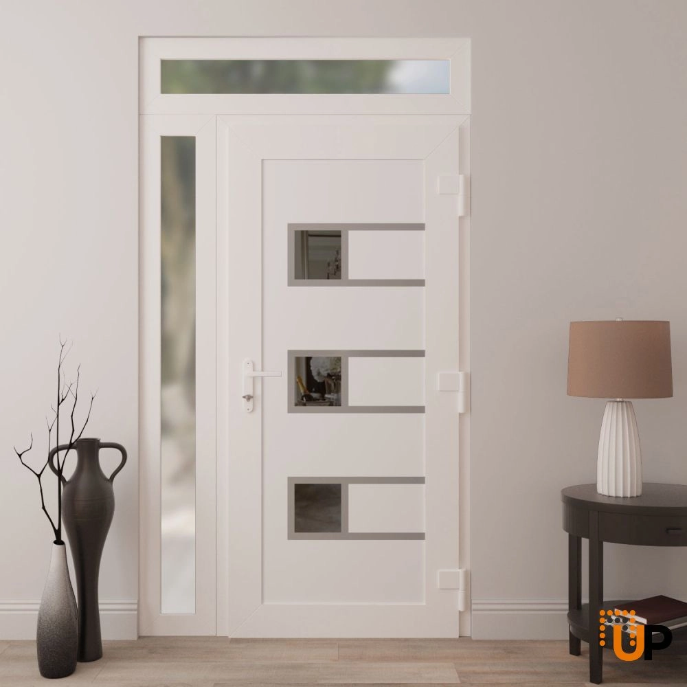 Single swing metal-plastic modern exterior door with tempered | Manux 8933 White | 42 x 94 photo#4