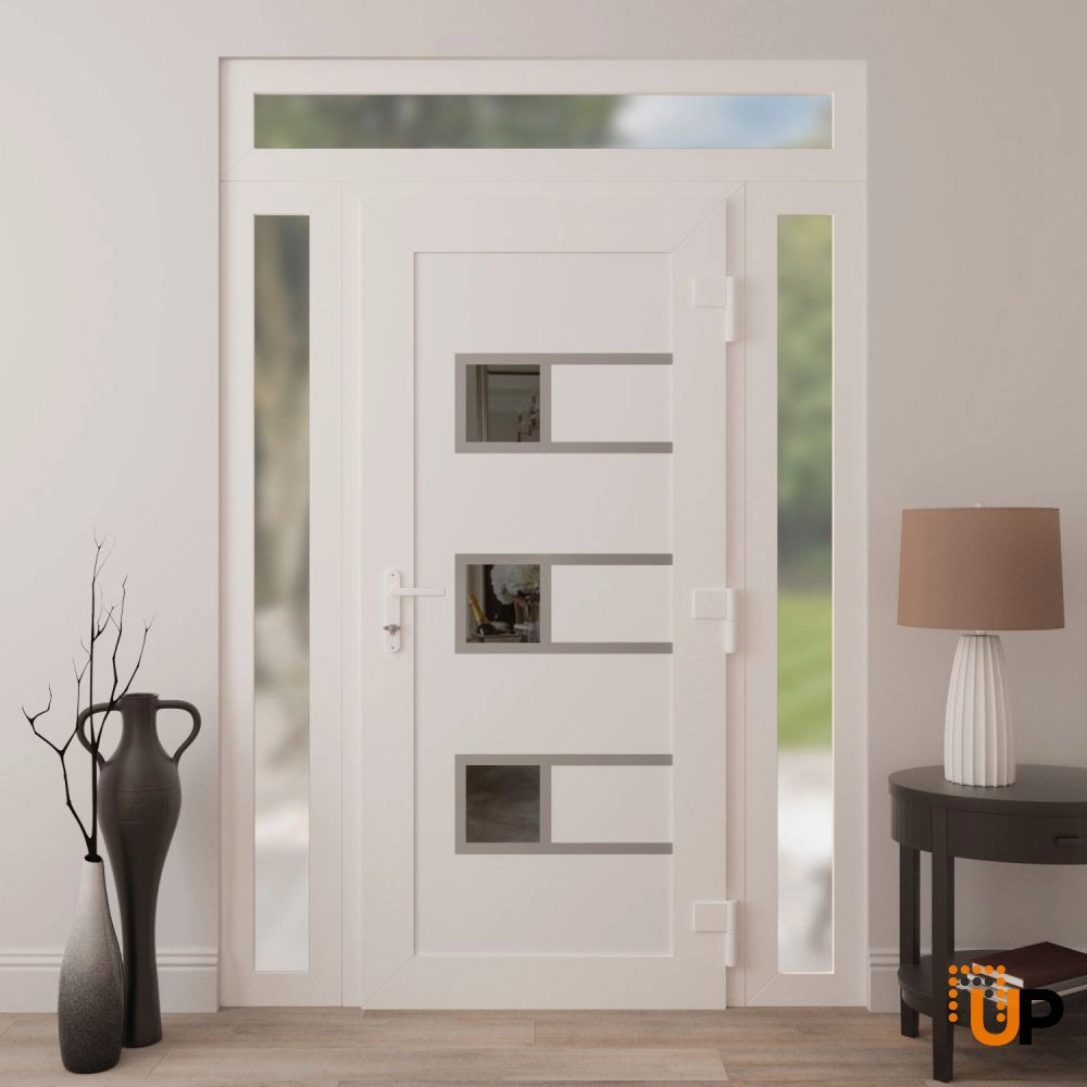 Single swing vinyl modern exterior door with tempered glass | Manux 8933 White | 56 x 94 (12+32+12 x 80+14) photo#4