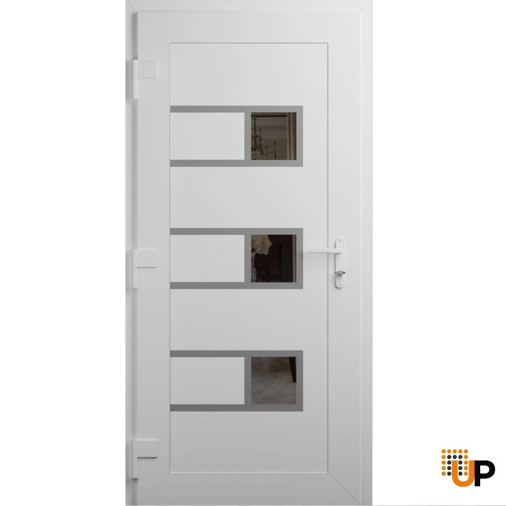 Single swing metal-plastic modern exterior door with tempered | Manux 8933 White | 30 x 80 photo#2