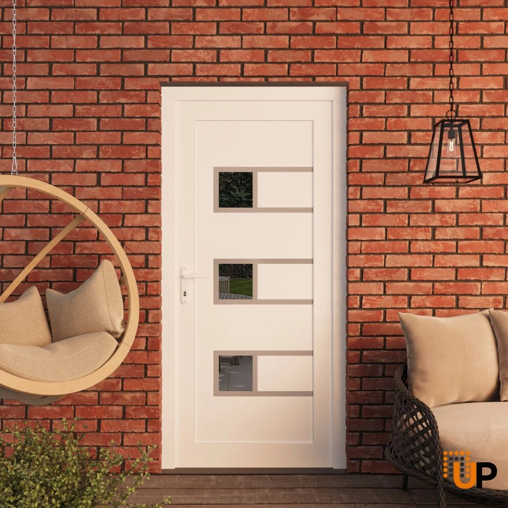 Single swing metal-plastic modern exterior door with tempered | Manux 8933 White | 30 x 80 photo#3