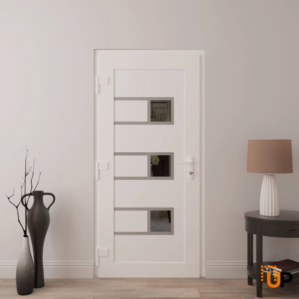Single swing metal-plastic modern exterior door with tempered | Manux 8933 White | 30 x 80 photo#4