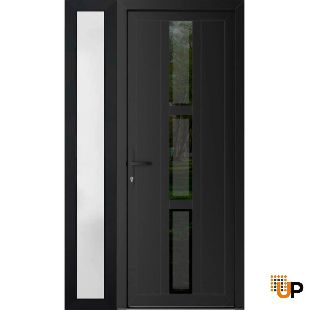 Single swing vinyl modern exterior door with tempered glass | Manux 8112 Black Matte | 52 x 80 (36+16 x 80) photo#1