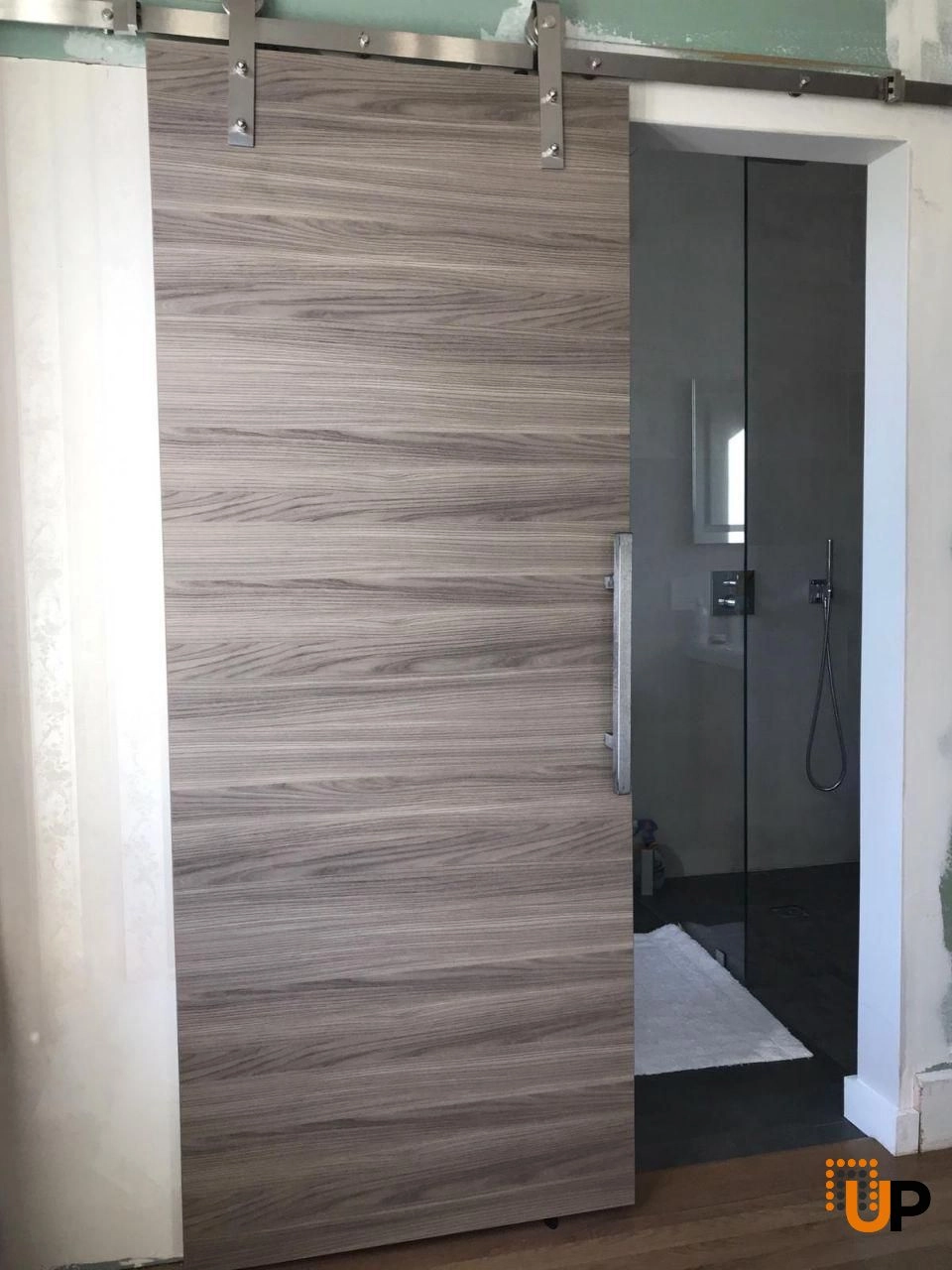 Single solid wood with honeycomb sliding modern interior barn door | Planum 0010 Ginger Ash | 18 x 80 photo#3