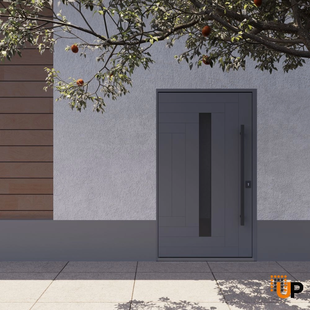 Single pivot metal-aluminum modern exterior door with tinted clear-mirrored glass | Axis 1130 Grey | 68 x 108 photo#4