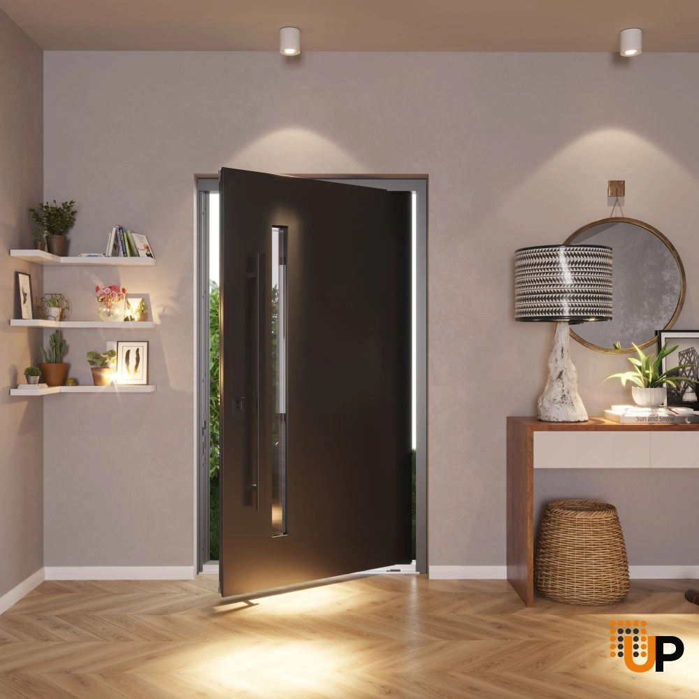 Single pivot metal-aluminum modern exterior door with tinted clear-mirrored glass | Axis 1133 Teak | 66 x 108 photo#5