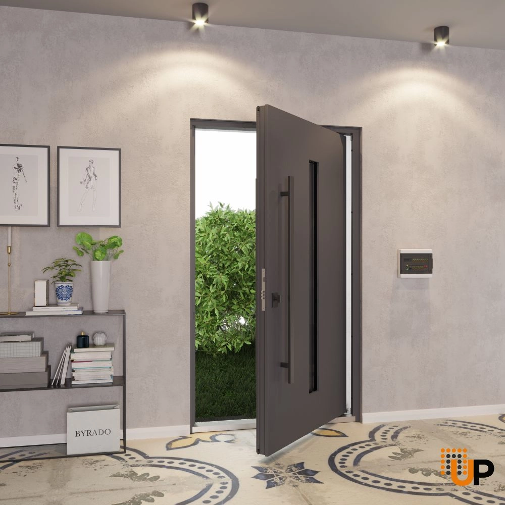 Single pivot metal-aluminum modern exterior door with tinted clear-mirrored glass | Axis 1130 Grey | 68 x 108 photo#5
