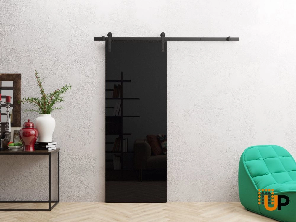 Single solid wood with honeycomb sliding interior barn door | Planum 0010 Gloss Black | 18 x 80 photo#2