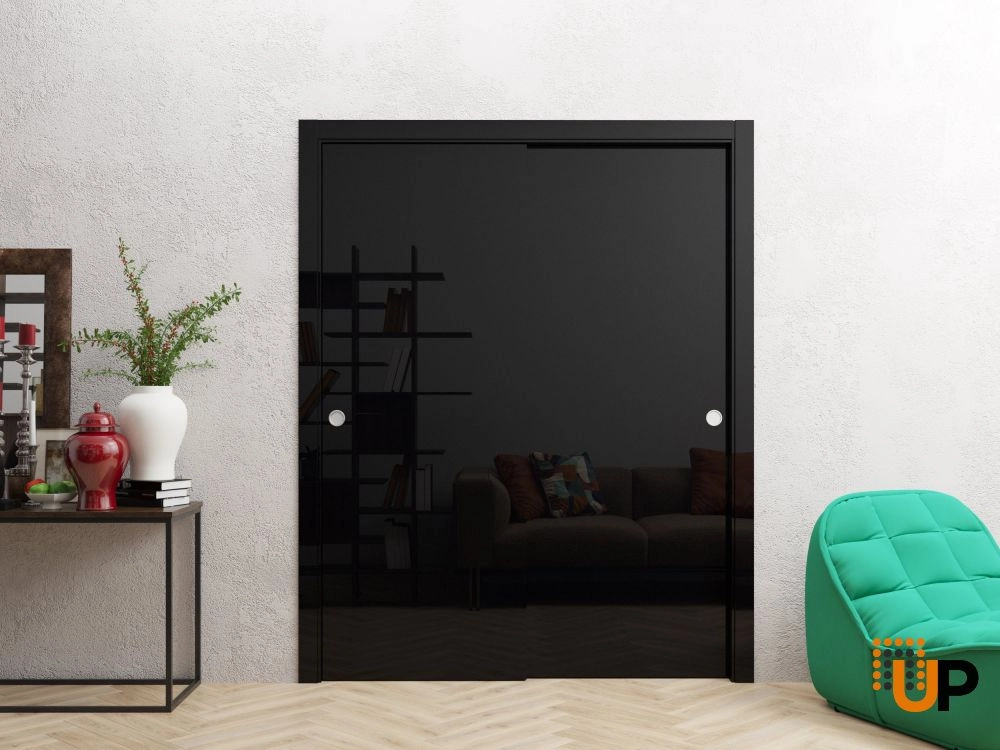 Double solid wood with honeycomb sliding modern interior closet bypass door | Planum 0010 Gloss Black | 36 x 80 photo#2