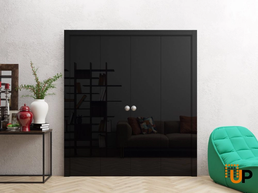 Double solid wood with honeycomb sliding modern interior bi-fold double door | Planum 0010 Gloss Black | 72 x 80 photo#2