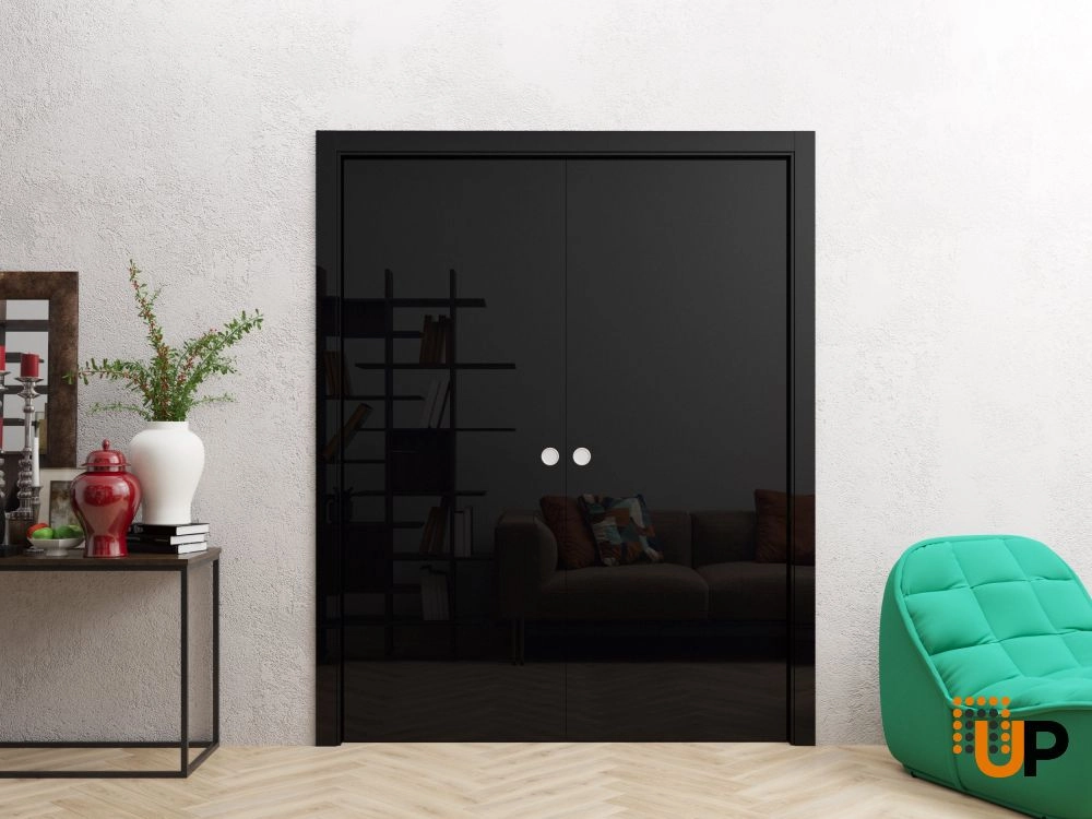 Double solid wood with honeycomb sliding modern interior pocket double door | Planum 0010 Gloss Black | 36 x 80 photo#2