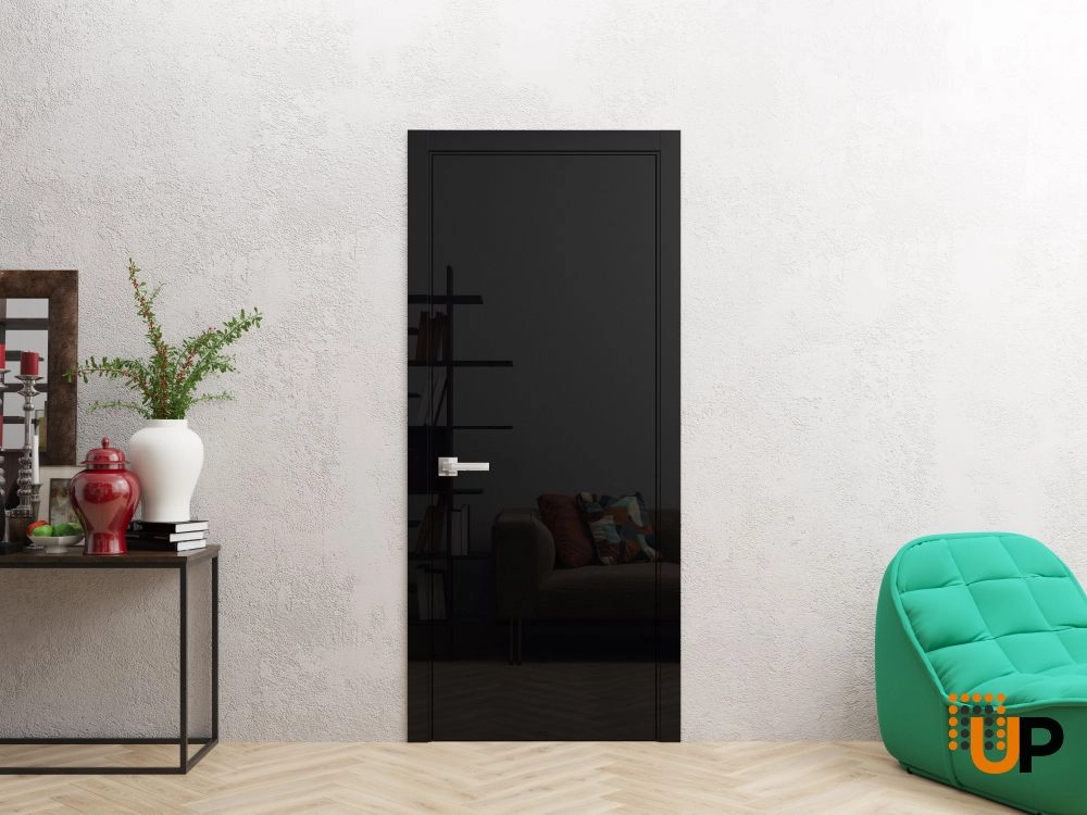 Single solid wood with honeycomb modern interior swing door | Planum 0010 Gloss Black | 18 x 80 photo#2
