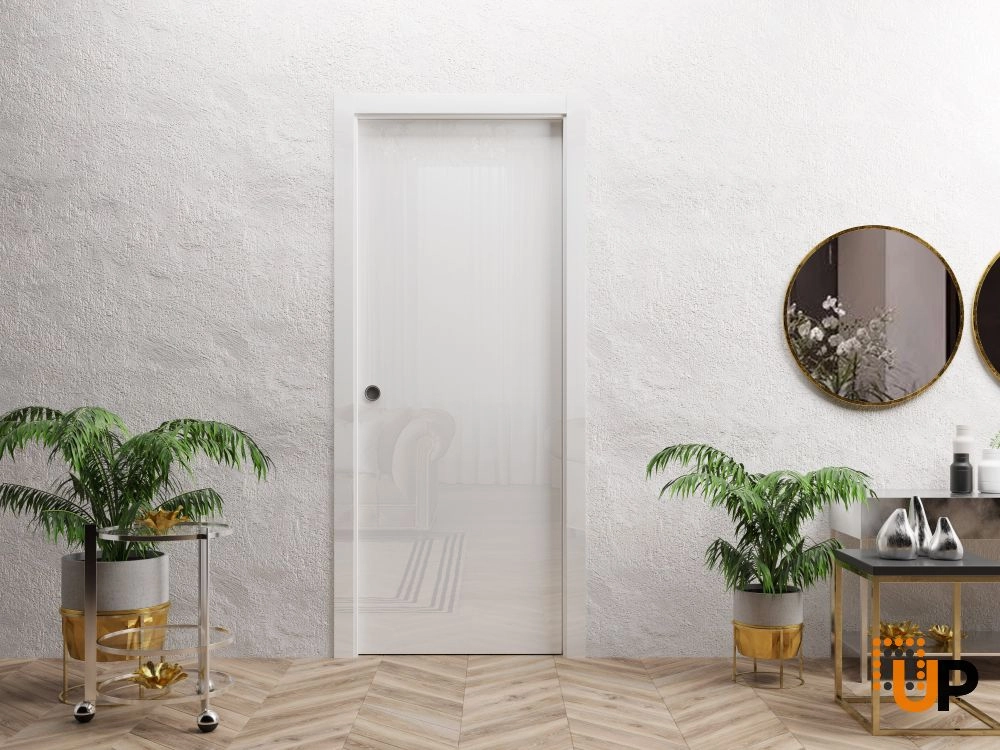 Single solid wood with honeycomb sliding modern interior pocket door | Planum 0010 Gloss White | 18 x 80 photo#2