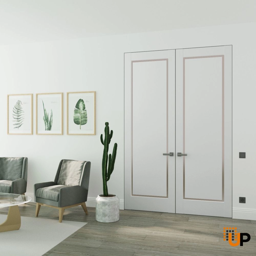 Double solid core swing modern interior frameless double doors with frosted glass | Planum 0888 Painted White | 36 x 80 (2* 18x80) photo#2
