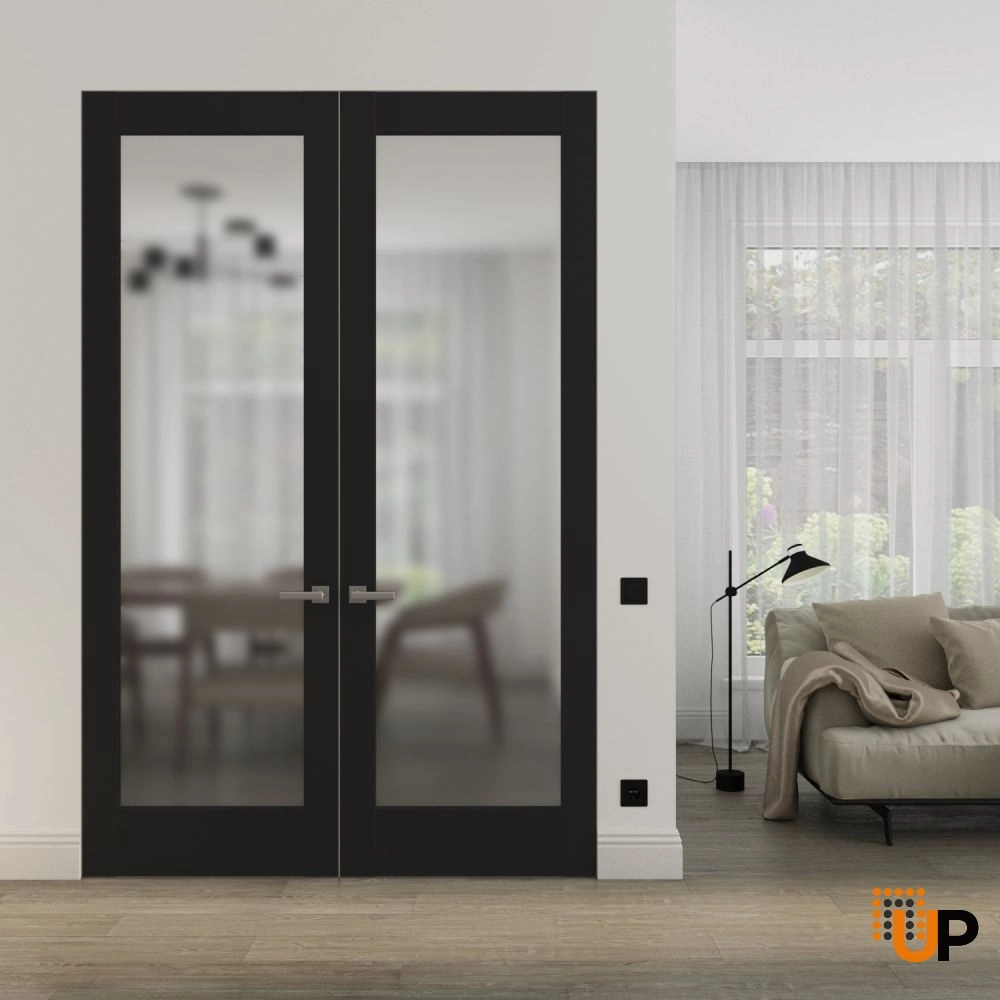 Double solid core swing modern interior frameless double doors with frosted glass | Planum 2102 Black Matte | 36 x 80 (2* 18x80) photo#2