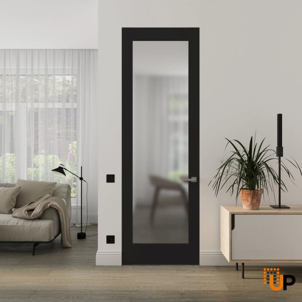 Single solid core swing modern interior frameless doors with frosted glass | Planum 2102 Black Matte | 18 x 80 photo#2