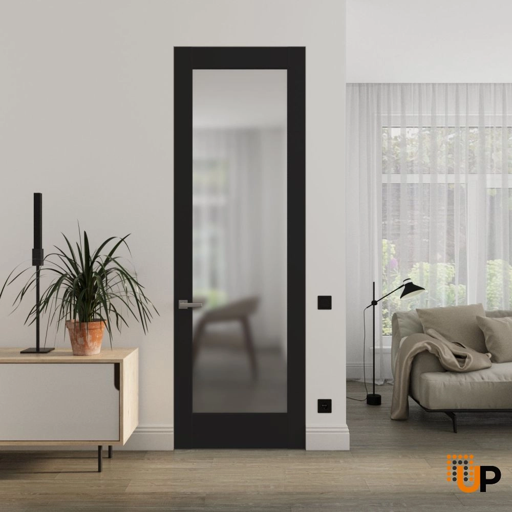 Single solid core swing modern interior frameless doors with frosted glass | Planum 2102 Black Matte | 18 x 80 photo#2