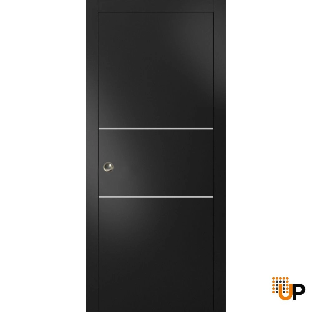 Single solid wood with honeycomb sliding modern interior pocket door | Planum 0110 Black Matte | 18 x 80 photo#1