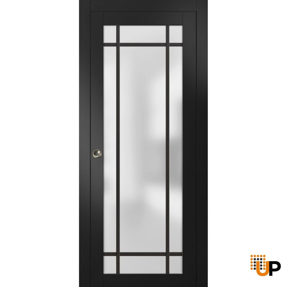 Single solid core sliding luxury interior pocket door with frosted glass | Planum 2112 Black Matte | 18 x 80 photo#1
