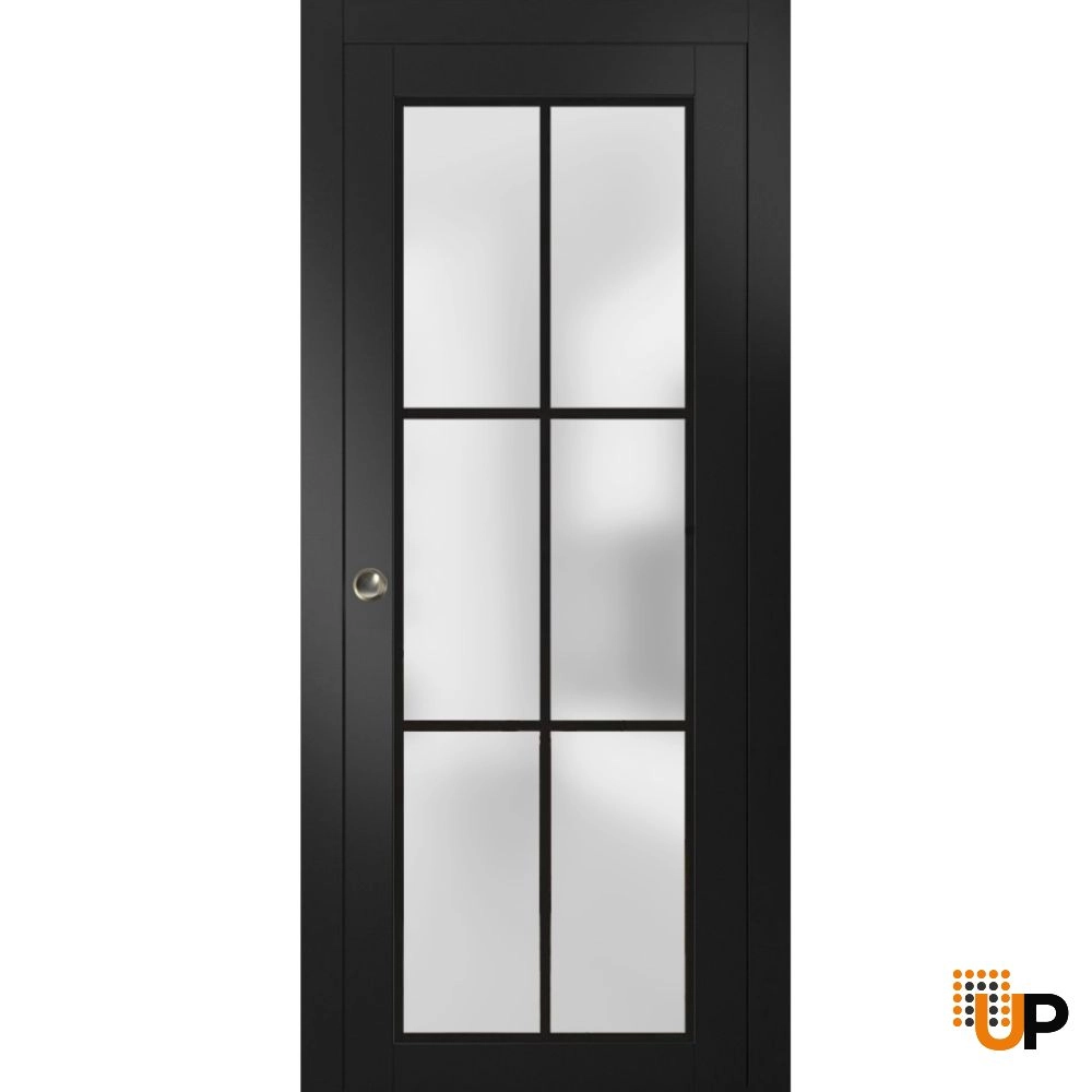Single solid core sliding luxury interior pocket door with frosted glass | Planum 2122 Black Matte | 18 x 80 photo#1