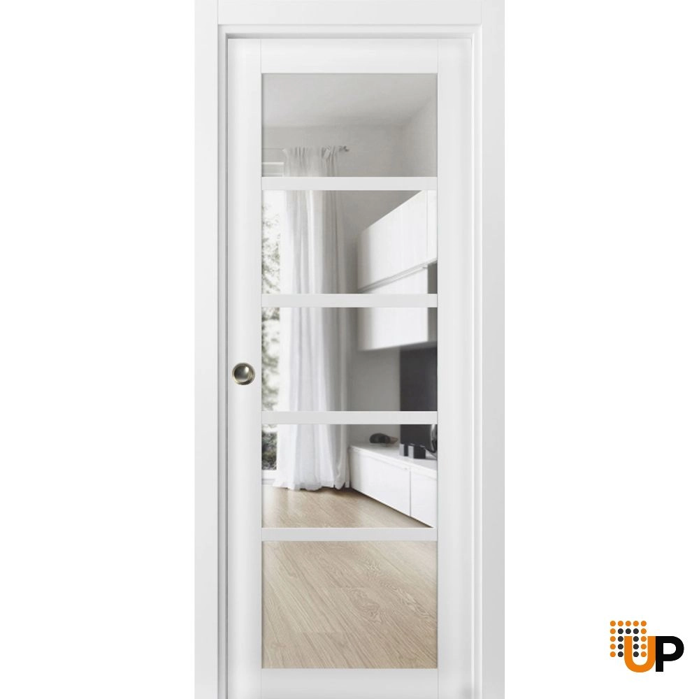 Single mdf sliding luxury interior pocket door with clear glass | Quadro 4522 White | 18 x 80 photo#1
