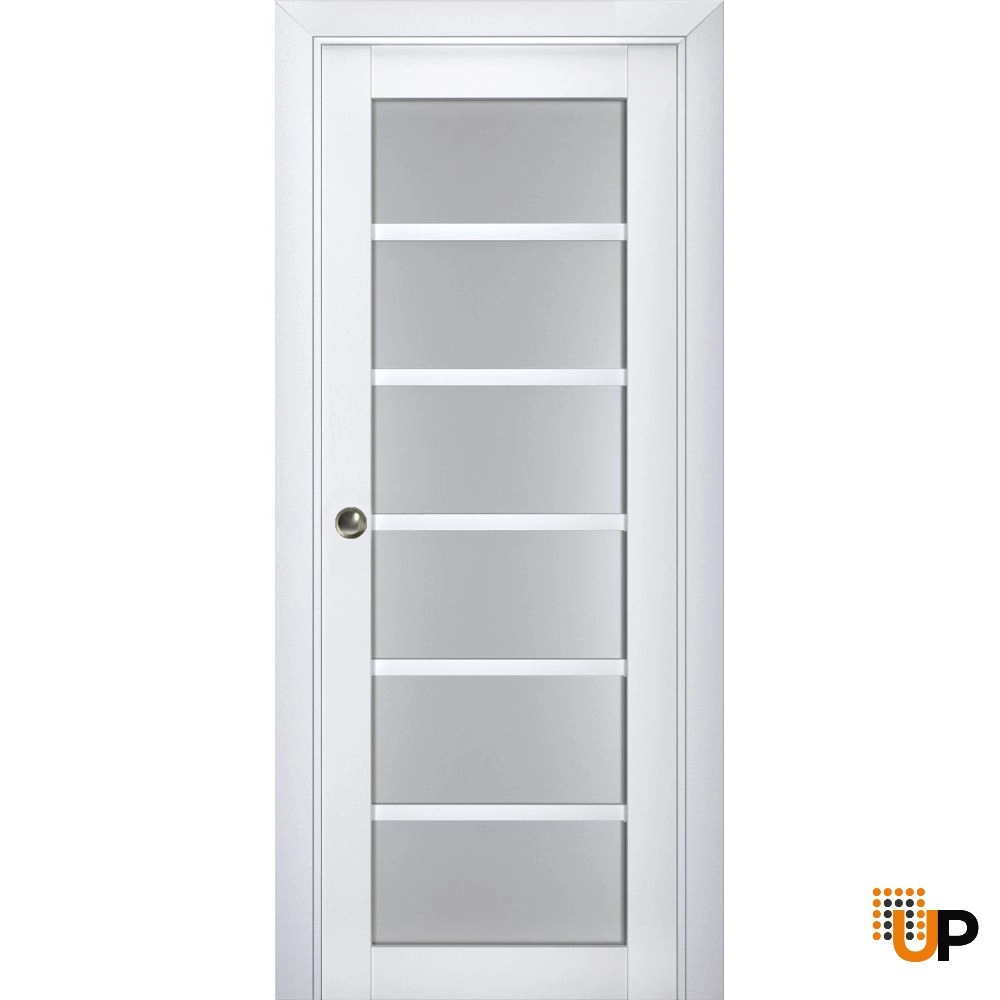Single laminate sliding luxury interior pocket door with frosted glass | Veregio 7602 White | 18 x 80 photo#1