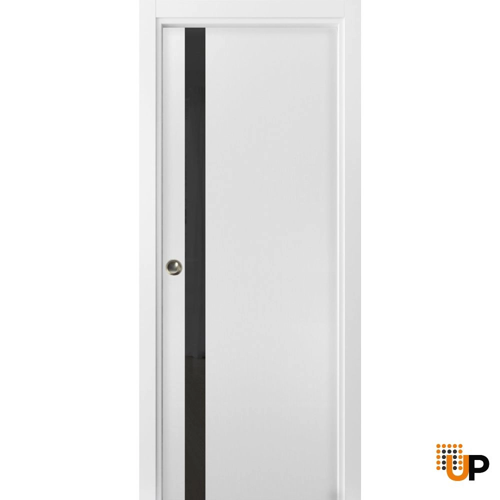 Single solid core sliding interior pocket door with black glass | Planum 0040 White | 18 x 80 photo#1