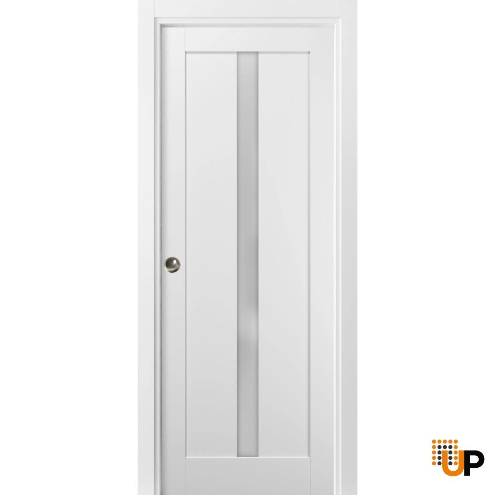 Single mdf sliding interior pocket door with frosted glass | Quadro 4112 White | 18 x 80 photo#1