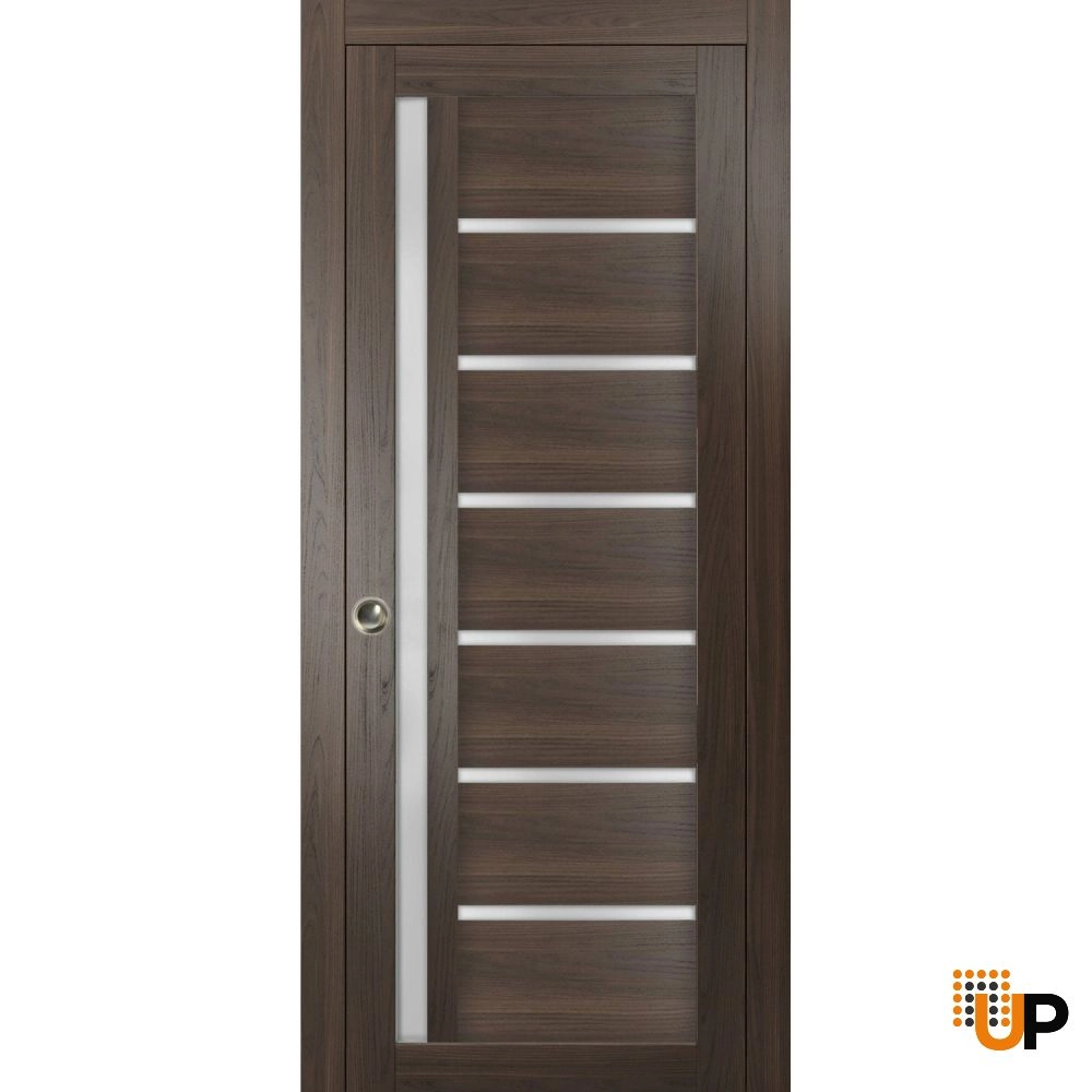 Single mdf sliding modern interior pocket door with frosted glass | Quadro 4088  Chocolate Ash | 18 x 80 photo#1