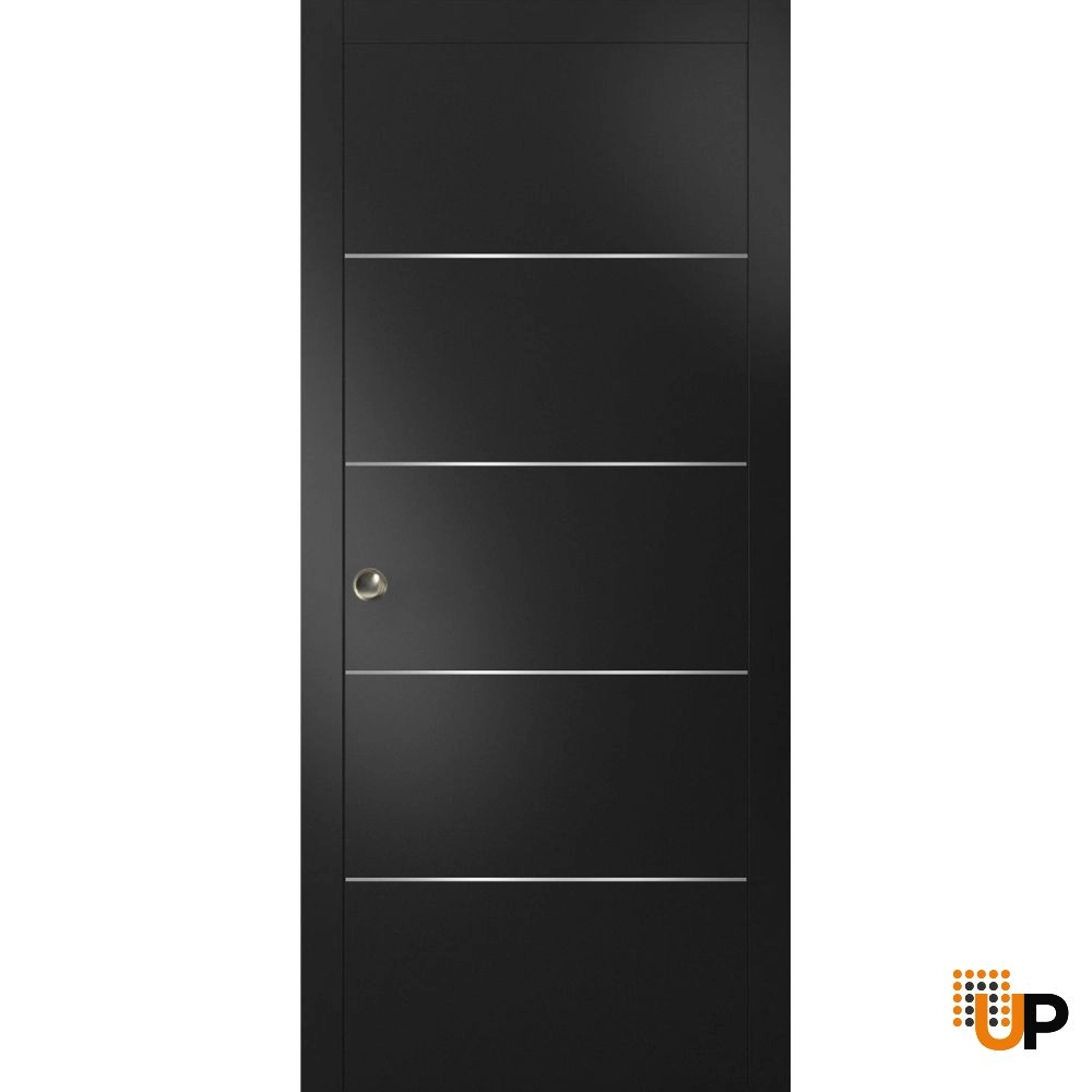 Single solid wood with honeycomb sliding modern interior pocket door | Planum 0020 Black Matte | 18 x 80 photo#1