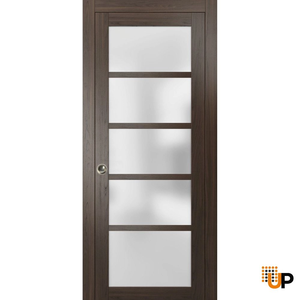 Single mdf sliding luxury interior pocket door with frosted glass | Quadro 4002  Chocolate Ash | 18 x 80 photo#1