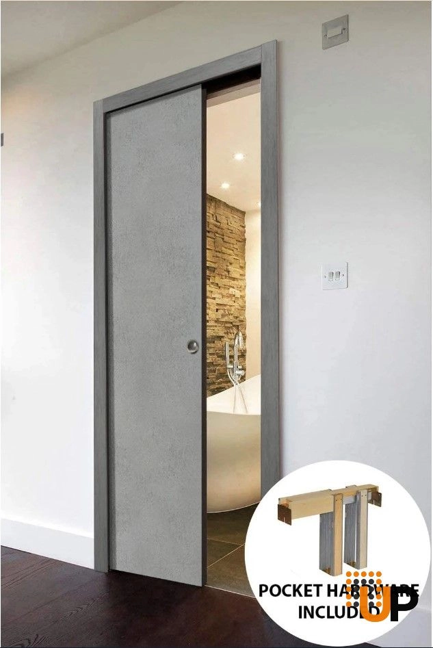 Single solid wood with honeycomb sliding modern interior pocket door | Planum 0010 Concrete | 18 x 80 photo#2