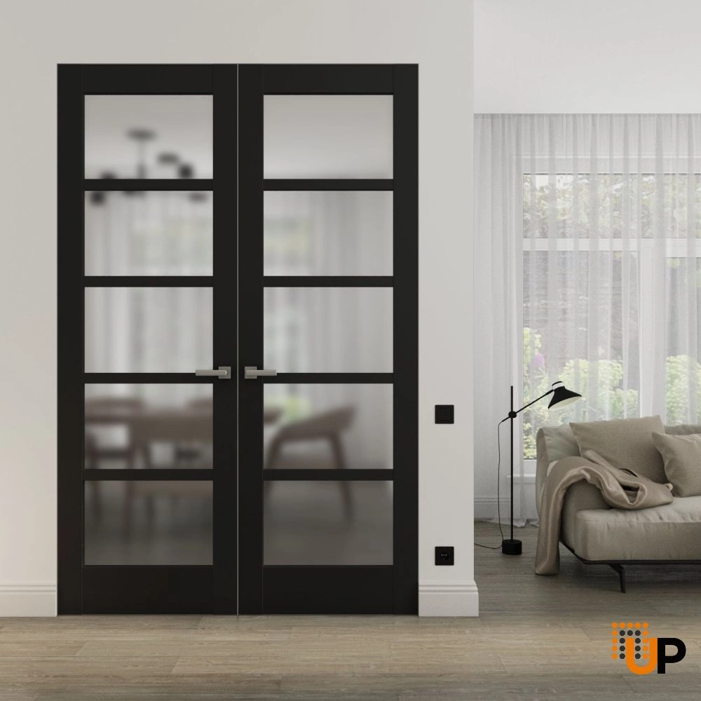 Double solid mdf core swing modern interior frameless double doors with frosted glass | Quadro 4002 Black Matte | 36 x 80 (2* 18x80) photo#2