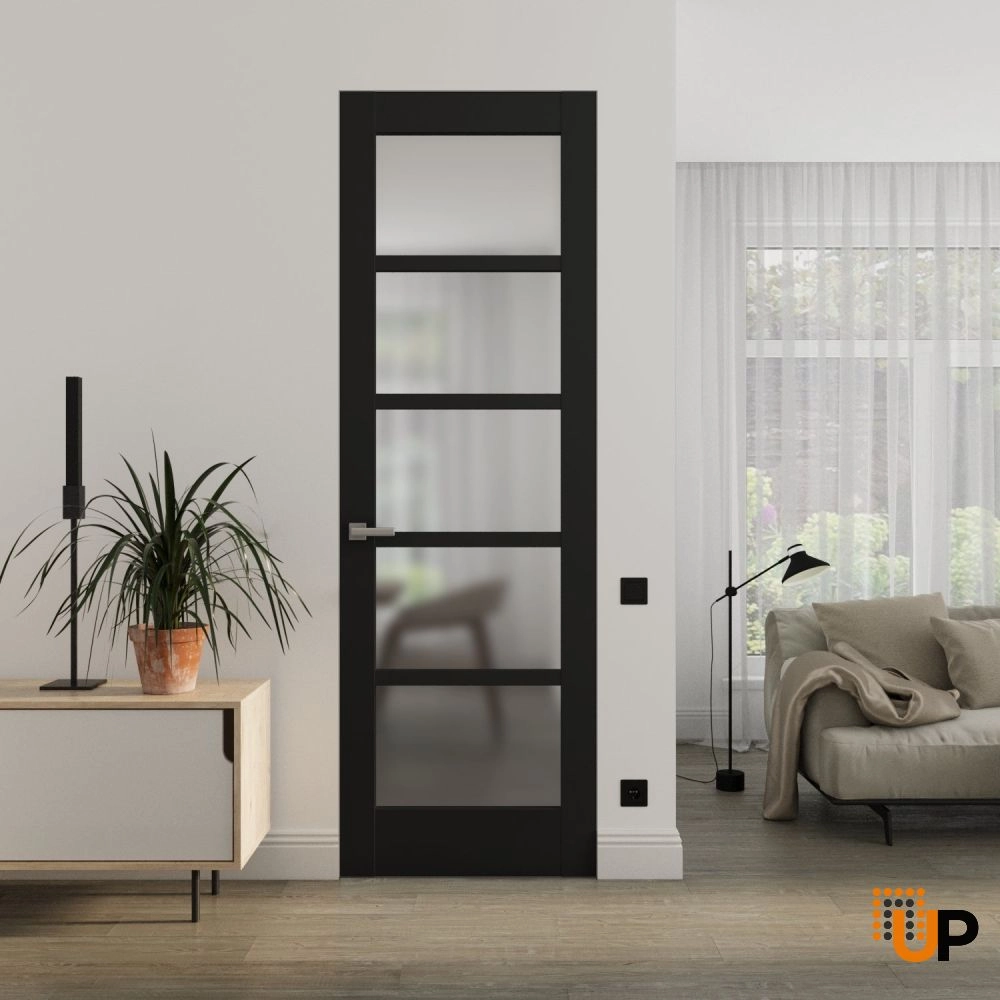Single solid mdf core swing modern interior frameless doors with frosted glass | Quadro 4002 Black Matte | 18 x 80 photo#2