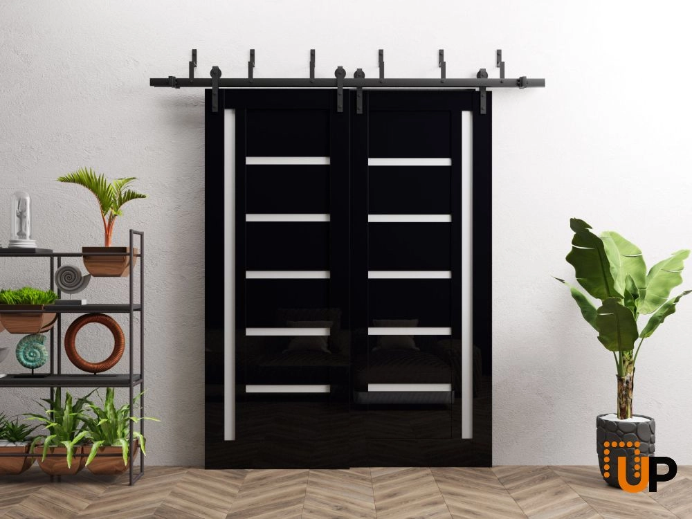 Double solid wood with honeycomb sliding interior barn bypass door | Quadro 4088 Gloss Black | 36 x 80 photo#2