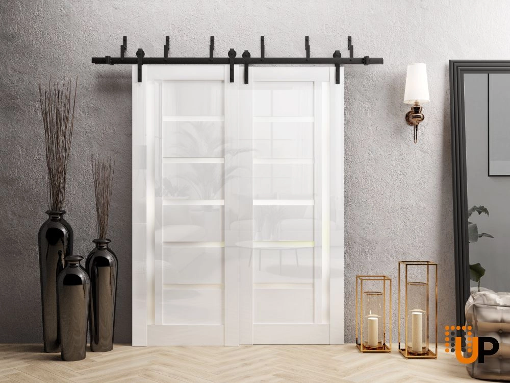 Double solid wood with honeycomb sliding interior barn bypass door | Quadro 4088 Gloss White | 36 x 80 photo#2