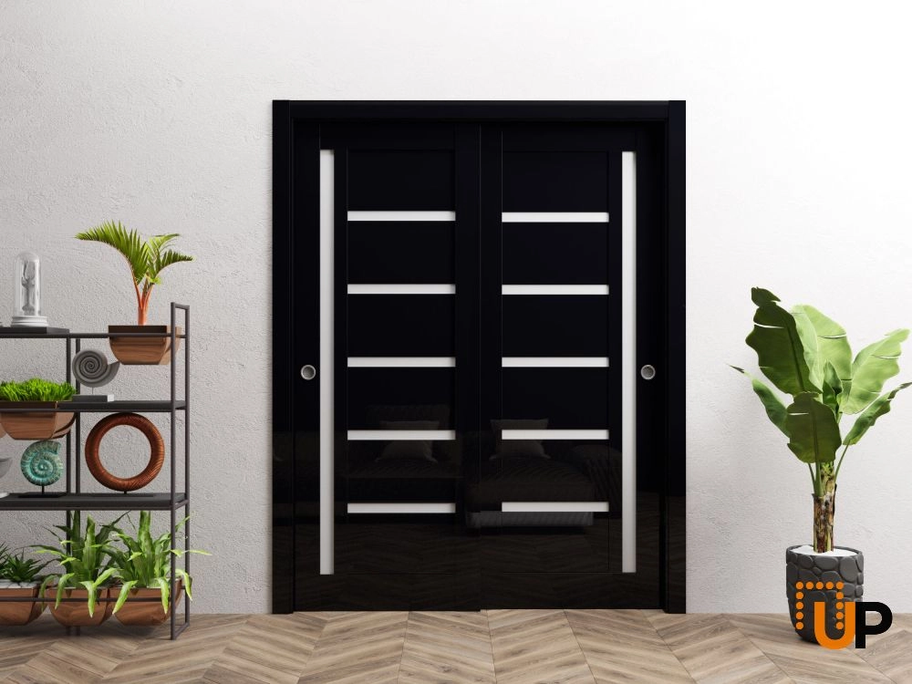 Double solid wood with honeycomb sliding interior closet bypass door | Quadro 4088 Gloss Black | 36 x 80 photo#2