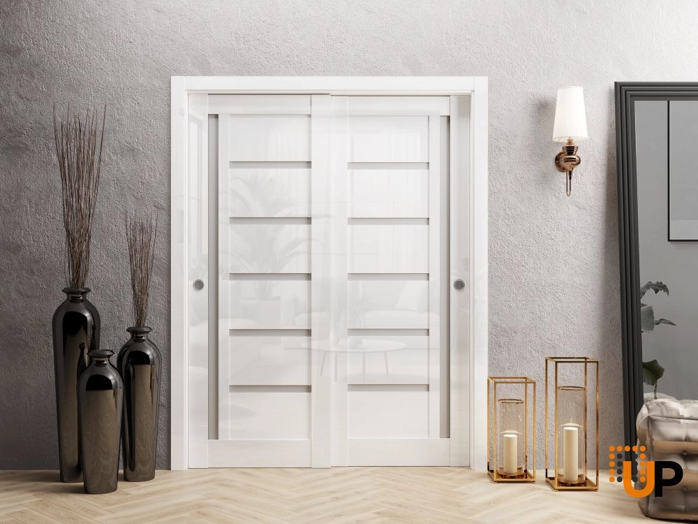 Double solid wood with honeycomb sliding interior closet bypass door | Quadro 4088 Gloss White | 36 x 80 photo#2