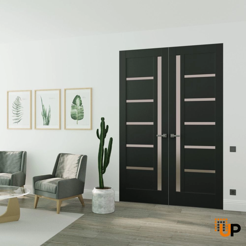 Double solid mdf core swing modern interior frameless double doors with frosted glass | Quadro 4088 Black Matte | 36 x 80 (2* 18x80) photo#2