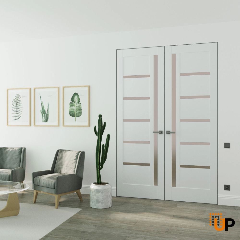 Double solid mdf core swing modern interior frameless double doors with frosted glass | Quadro 4088 White Silk | 36 x 80 (2* 18x80) photo#2