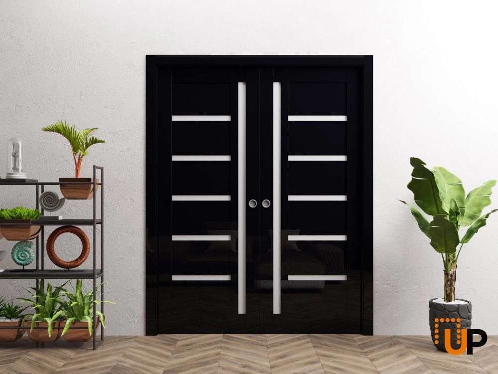 Double solid wood with honeycomb sliding interior pocket double door | Quadro 4088 Gloss Black | 36 x 80 photo#2