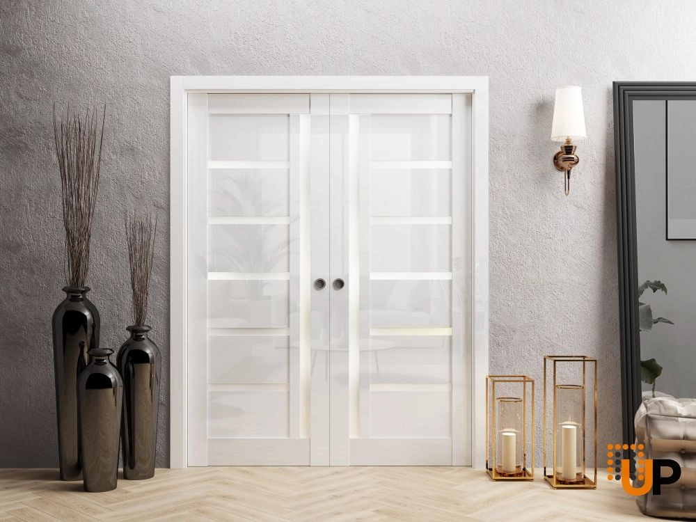 Double solid wood with honeycomb sliding interior pocket double door | Quadro 4088 Gloss White | 36 x 80 photo#2