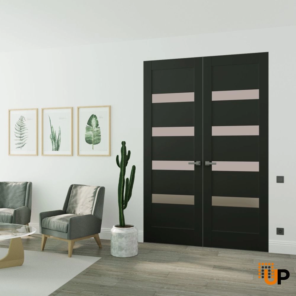 Double solid mdf core swing modern interior frameless double doors with frosted glass | Quadro 4113 Black Matte | 36 x 80 (2* 18x80) photo#2