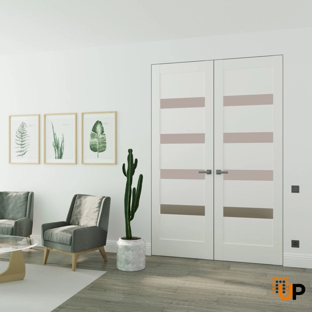 Double solid mdf core swing modern interior frameless double doors with frosted glass | Quadro 4113 White Silk | 36 x 80 (2* 18x80) photo#2