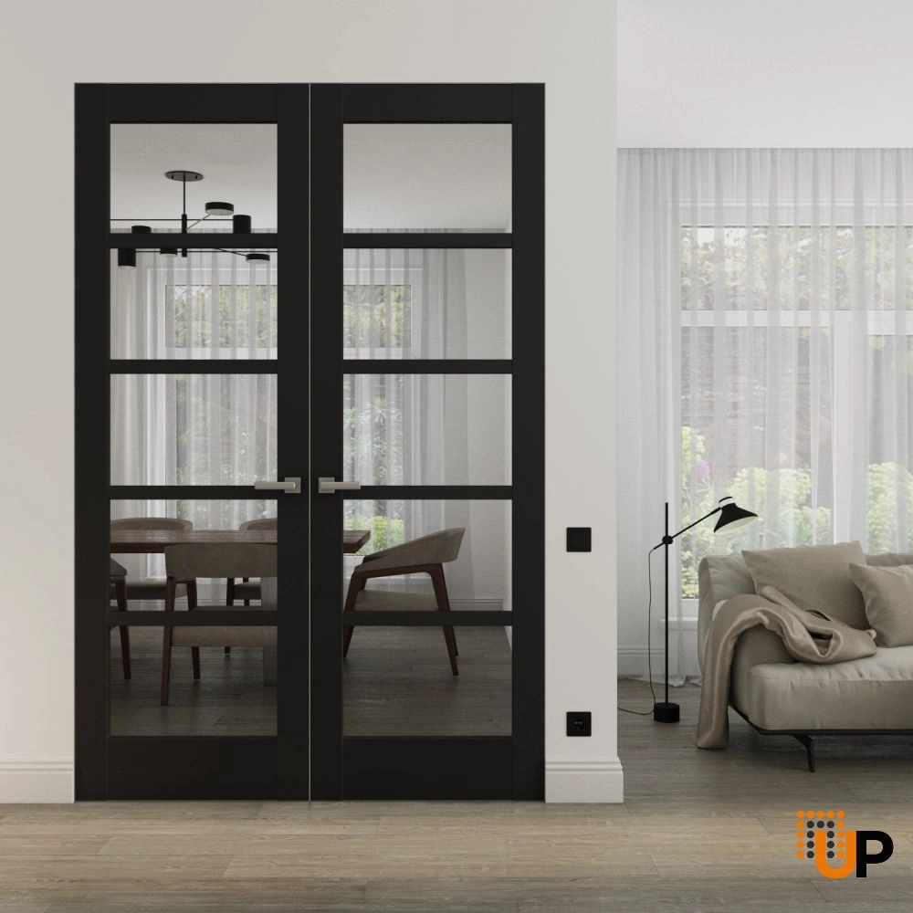 Double solid mdf core swing modern interior frameless double doors with clear glass | Quadro 4522 Black Matte | 36 x 80 (2* 18x80) photo#2