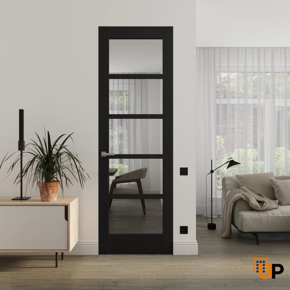 Single solid mdf core swing modern interior frameless doors with clear glass | Quadro 4522 Black Matte | 18 x 80 photo#2