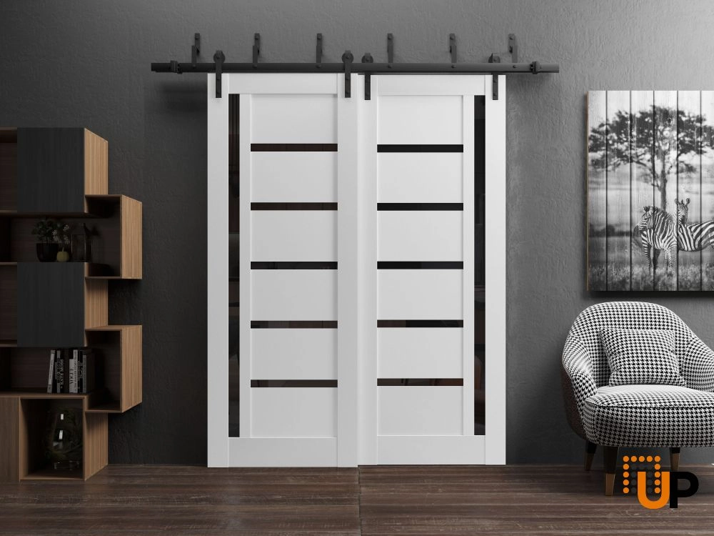 Double mdf sliding modern interior barn bypass door with black glass | Quadro 4588 White | 36 x 80 (2* 18x80) photo#12